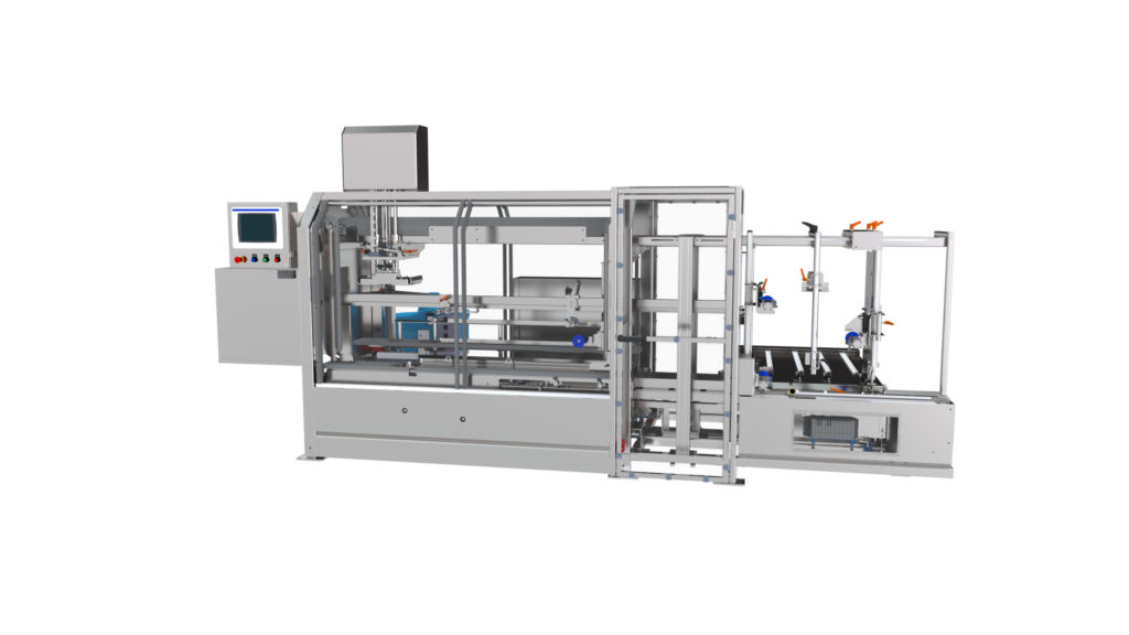 Pearson CE25 case erector showing the HMI control side and product flow layout for automated case forming and sealing.